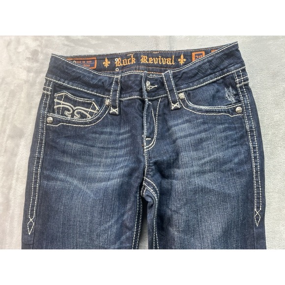 Rock Revival Jeans Womens Sz 29 Blue Leona Boot Mid Rise Thick Stitch Short Read - Picture 3 of 16
